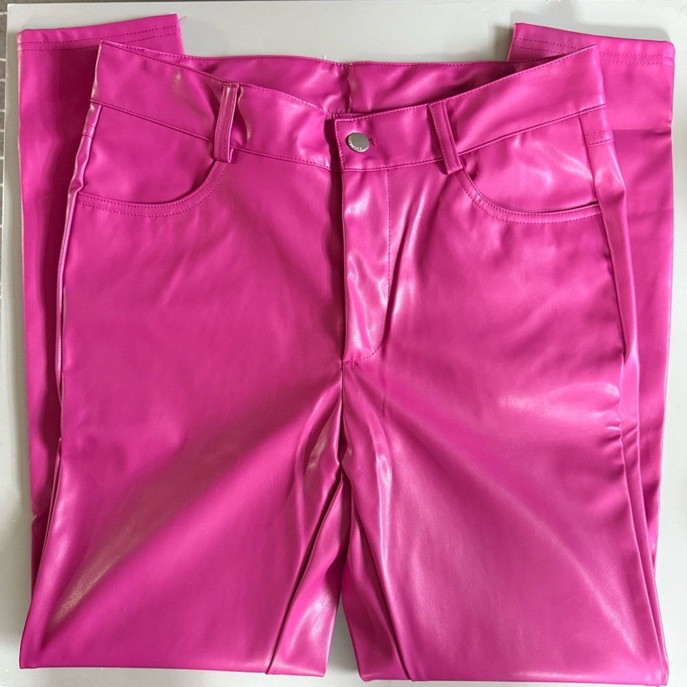 SHEIN pink faux leather look button zip pants shiny Small NWT new